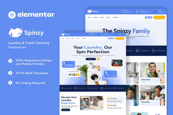 Spinzy - Laundry &amp; Fresh Clothing Elementor Template Kit